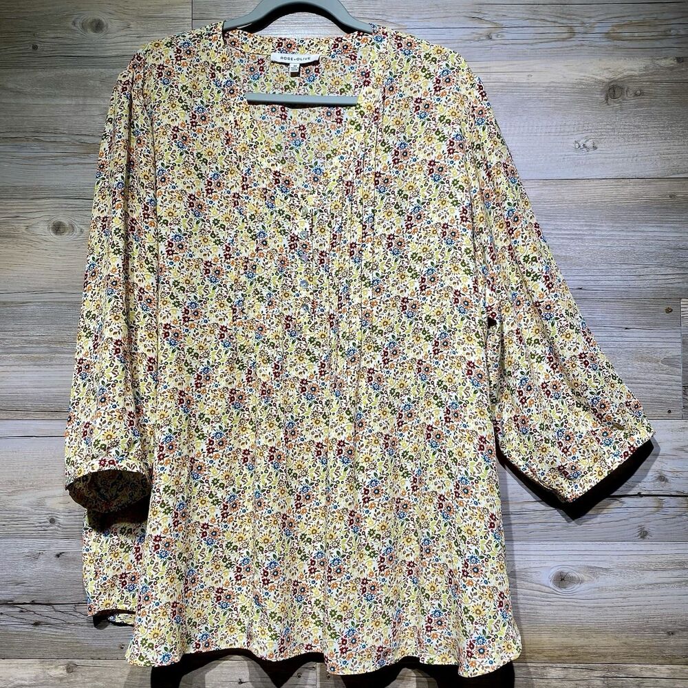 Rose + Olive Top Blouse 3X Ditsy Floral Multicolor 3/4 Sleeve Chiffon 1/2 Button